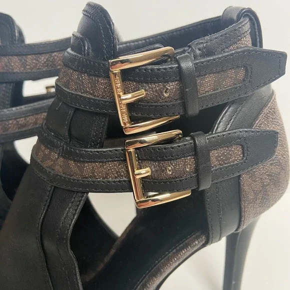 Michael Kors Women's Black Brown Logo Leather Open‑Toe Ankle Booties Size 7.5 - Picture 5 of 11